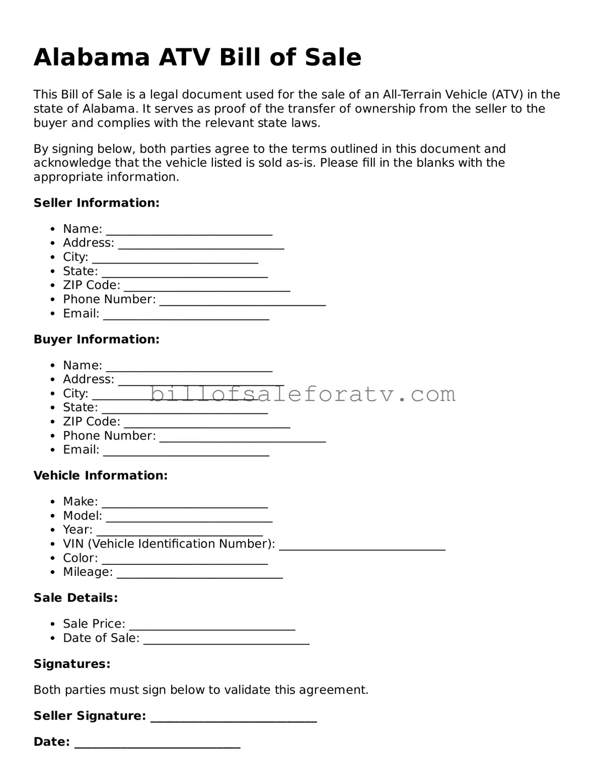 Alabama ATV Bill of Sale Template