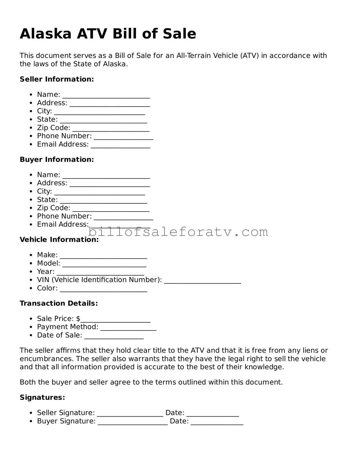 Alaska ATV Bill of Sale Template