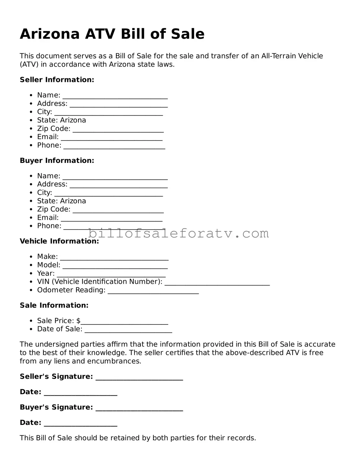 Arizona ATV Bill of Sale Template