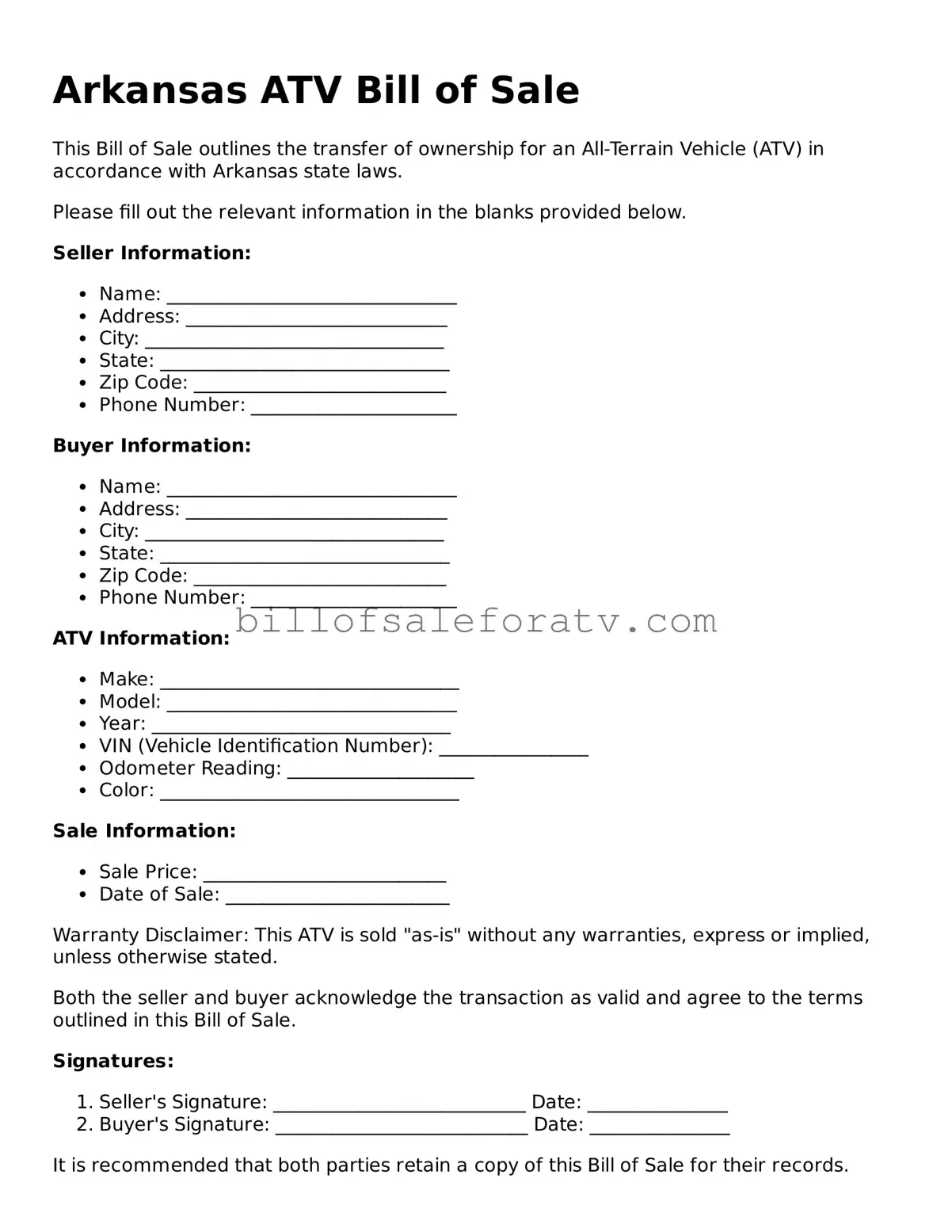 Arkansas ATV Bill of Sale Template