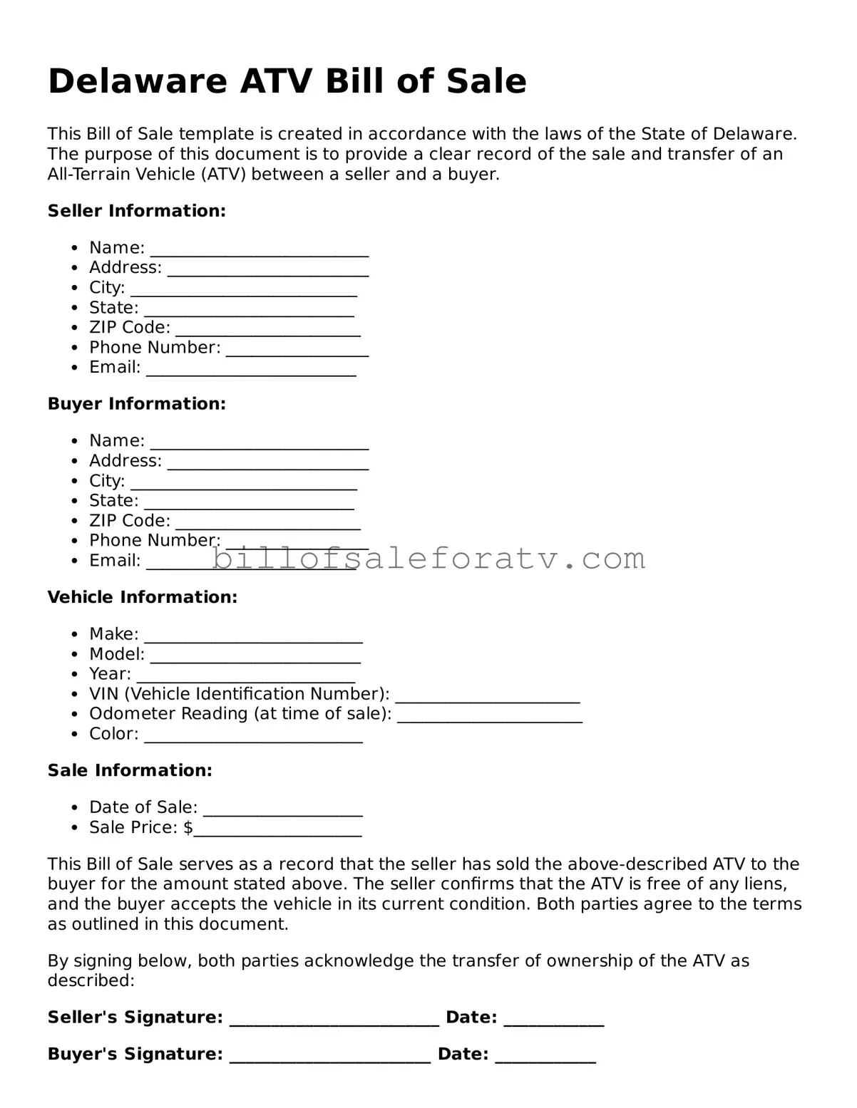 Delaware ATV Bill of Sale Template