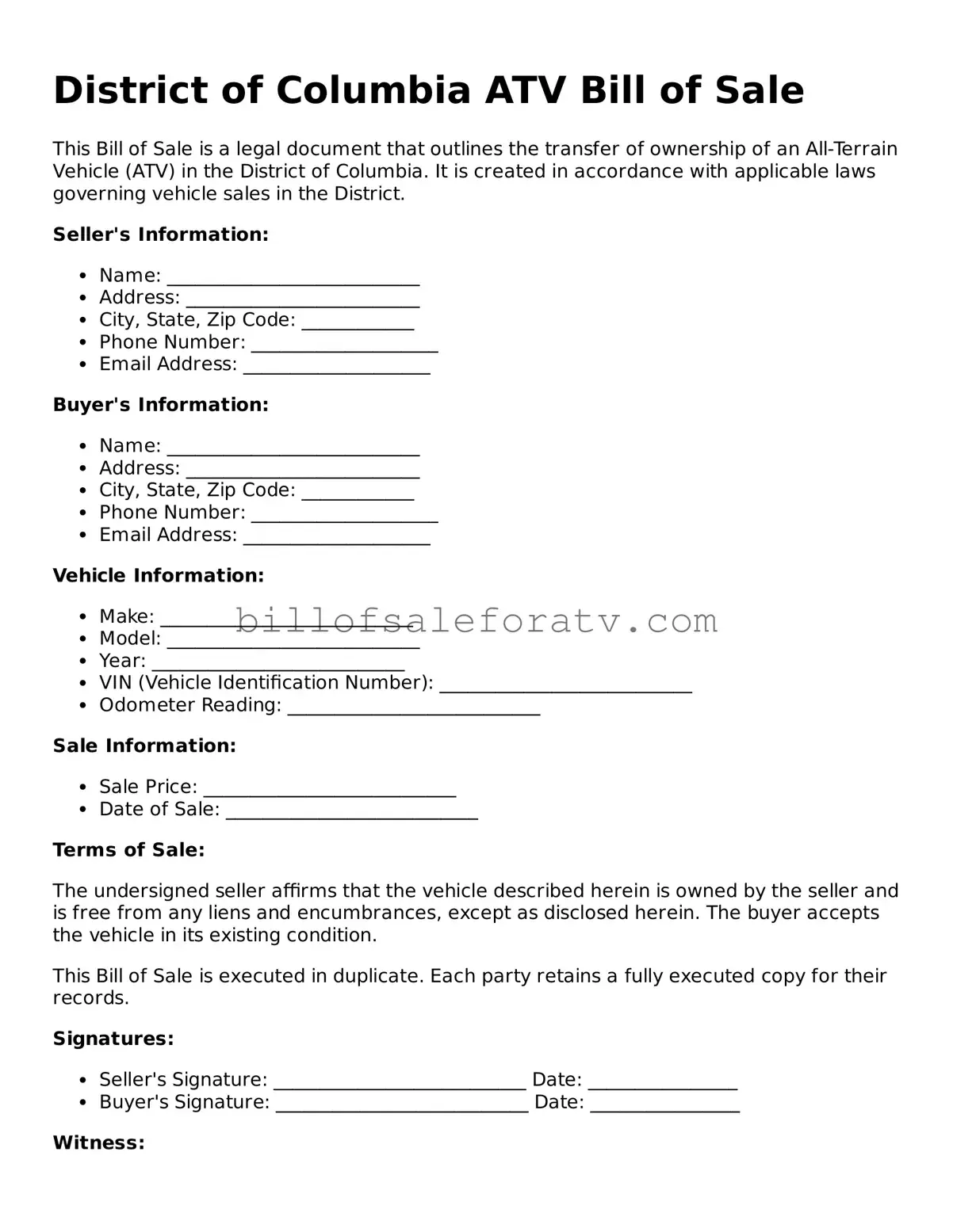 District of Columbia ATV Bill of Sale Template