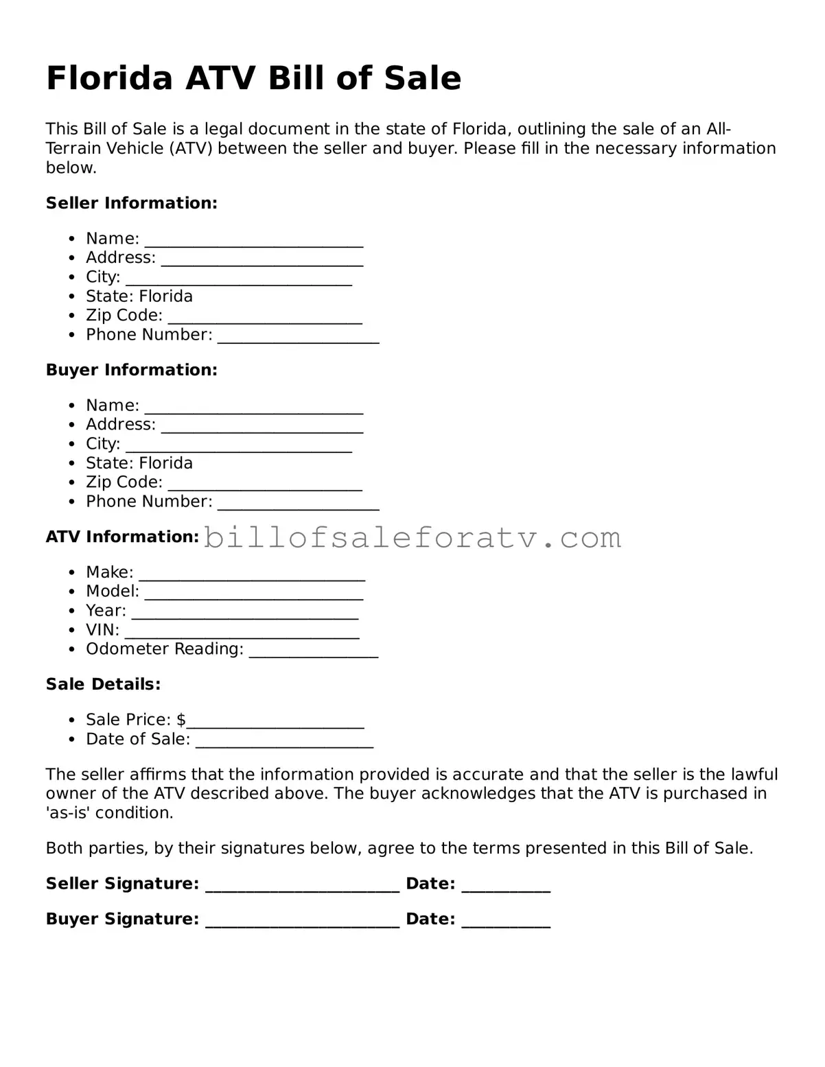 Florida ATV Bill of Sale Template