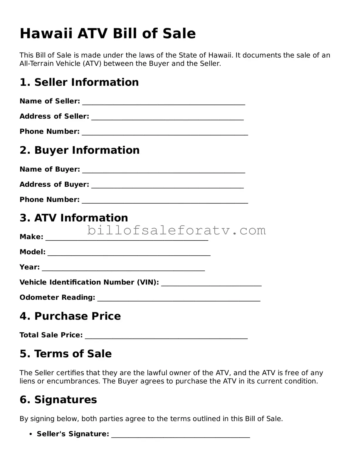 Hawaii ATV Bill of Sale Template
