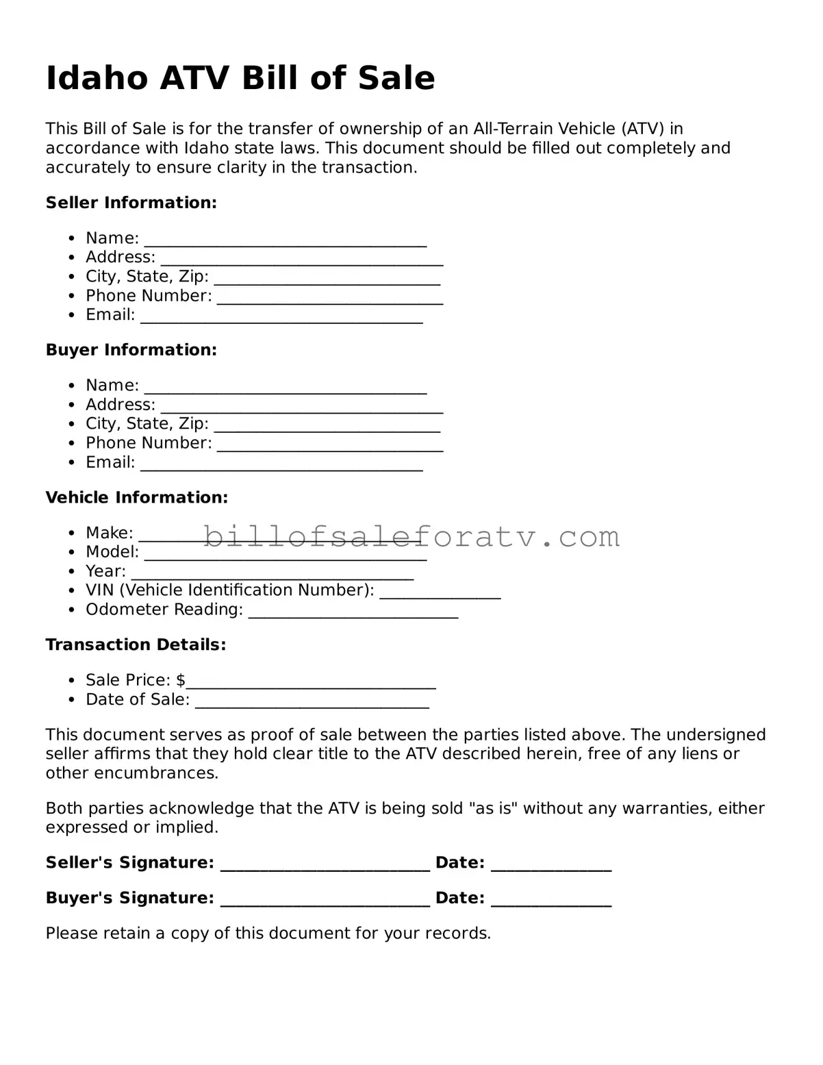 Idaho ATV Bill of Sale Template