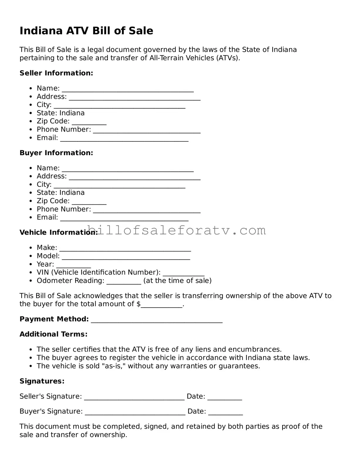 Indiana ATV Bill of Sale Template