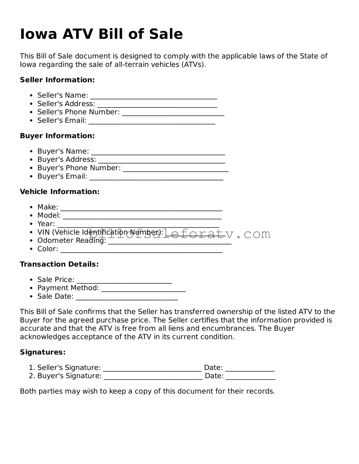 Iowa ATV Bill of Sale Template