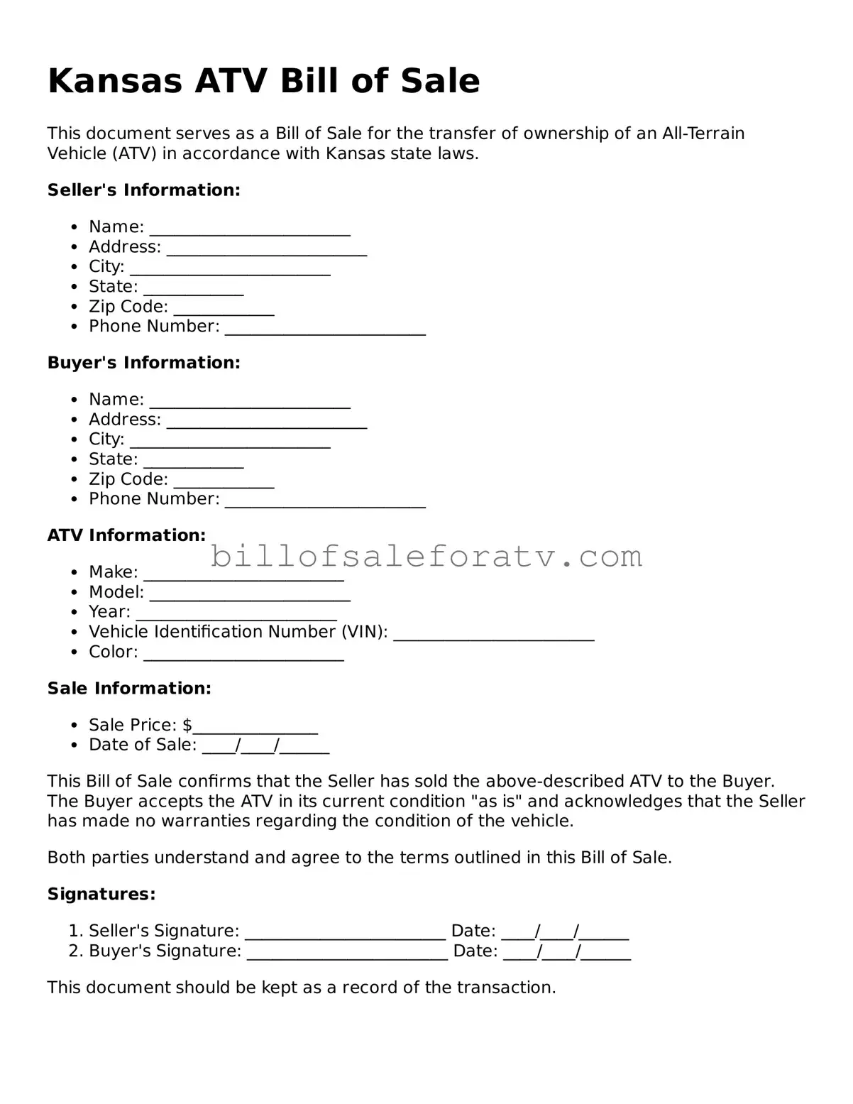 Kansas ATV Bill of Sale Template