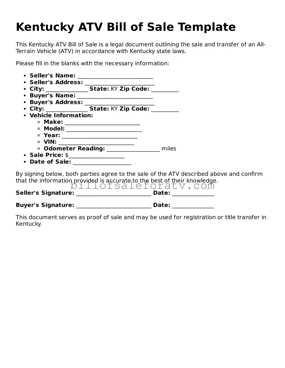 Kentucky ATV Bill of Sale Template