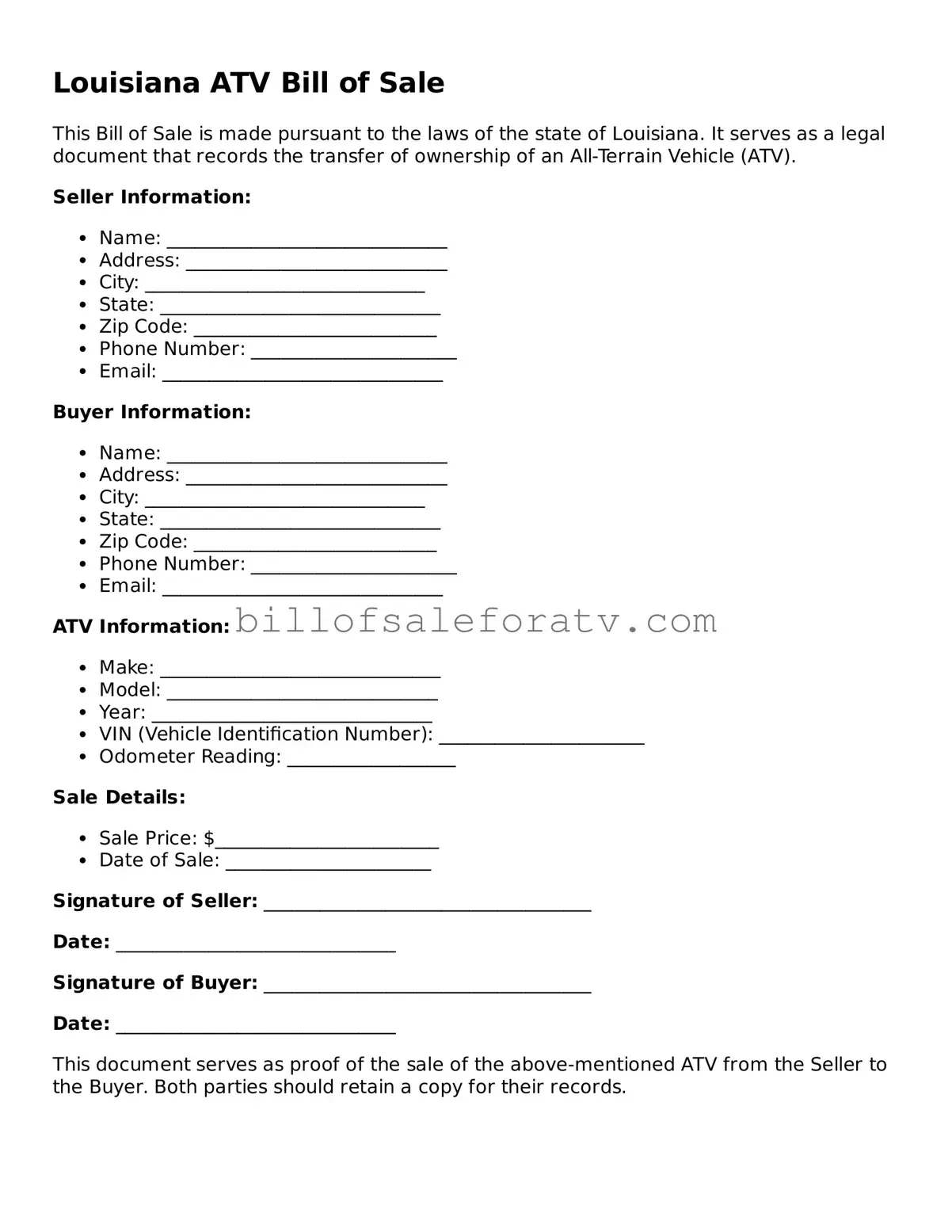 Louisiana ATV Bill of Sale Template