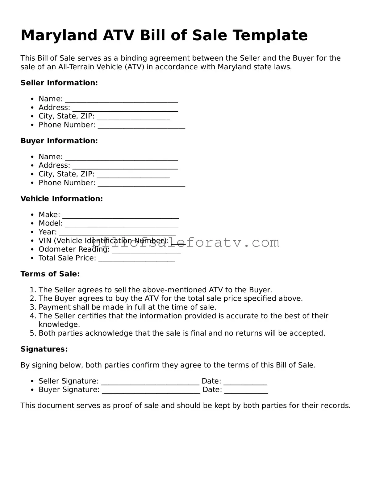 Maryland ATV Bill of Sale Template