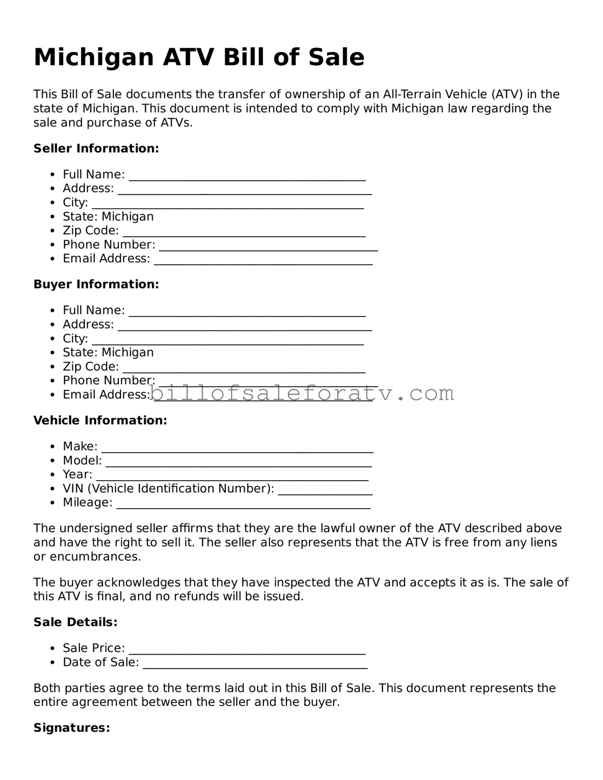 Michigan ATV Bill of Sale Template