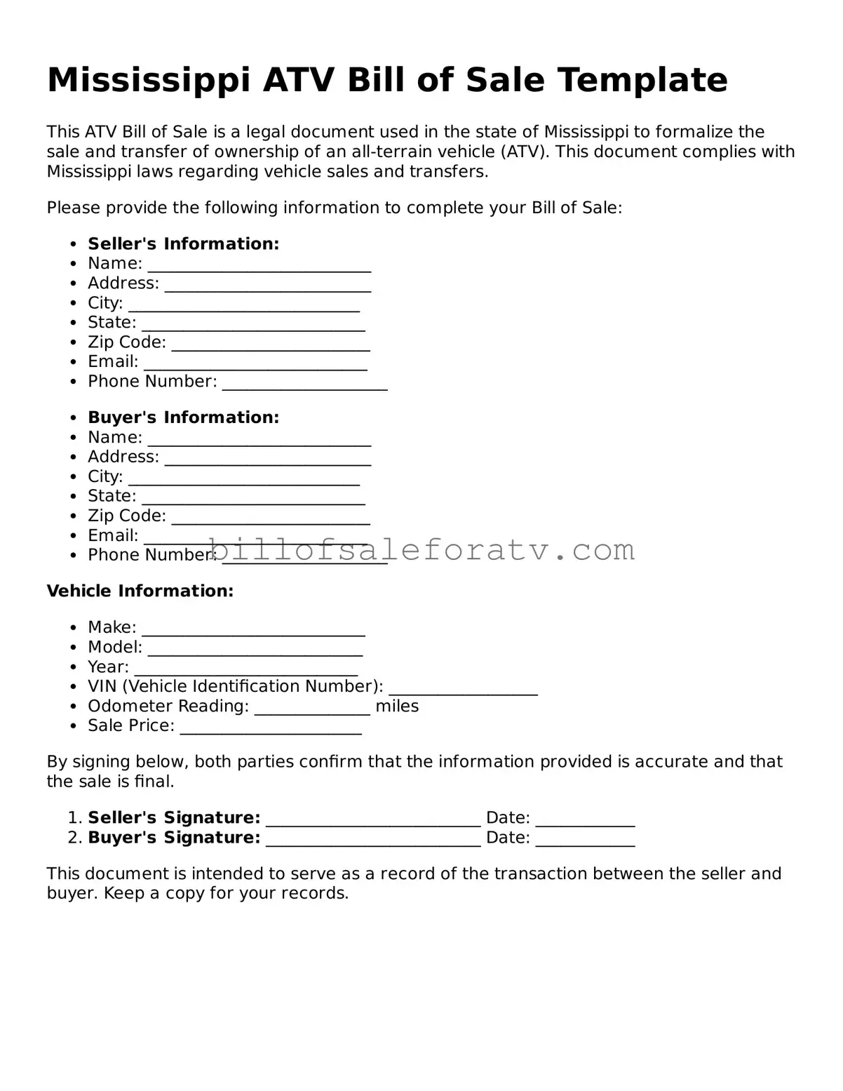 Mississippi ATV Bill of Sale Template
