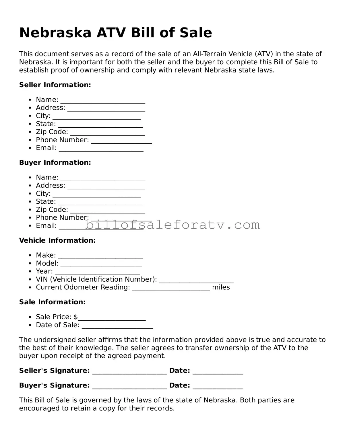 Nebraska ATV Bill of Sale Template