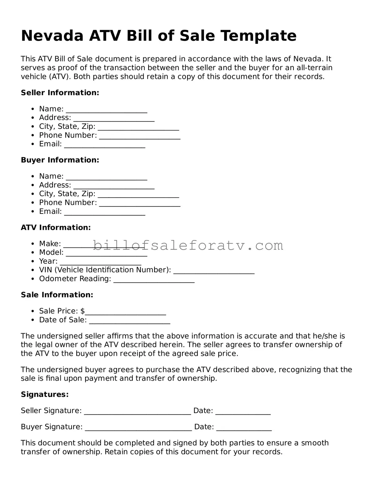 Nevada ATV Bill of Sale Template