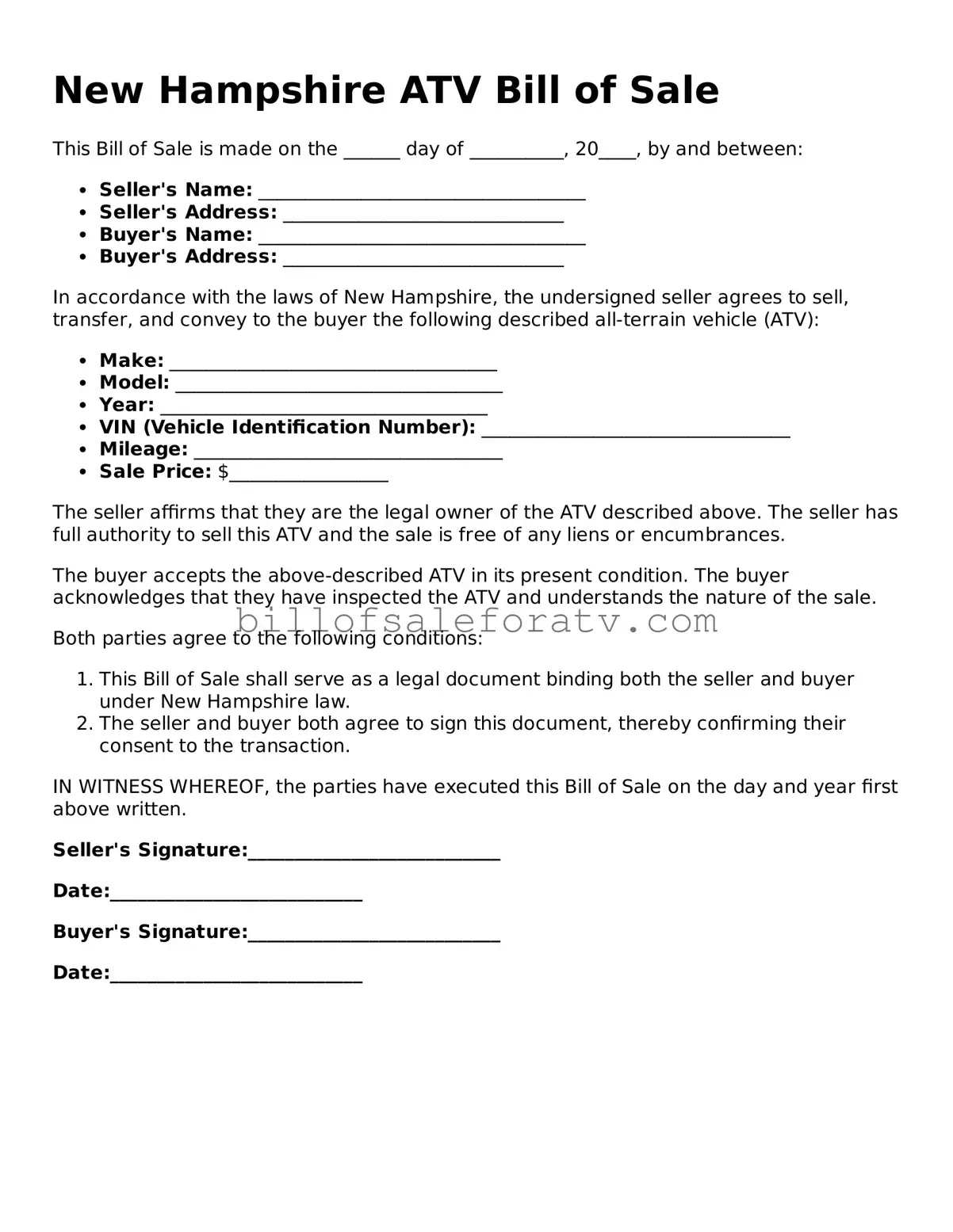 New Hampshire ATV Bill of Sale Template