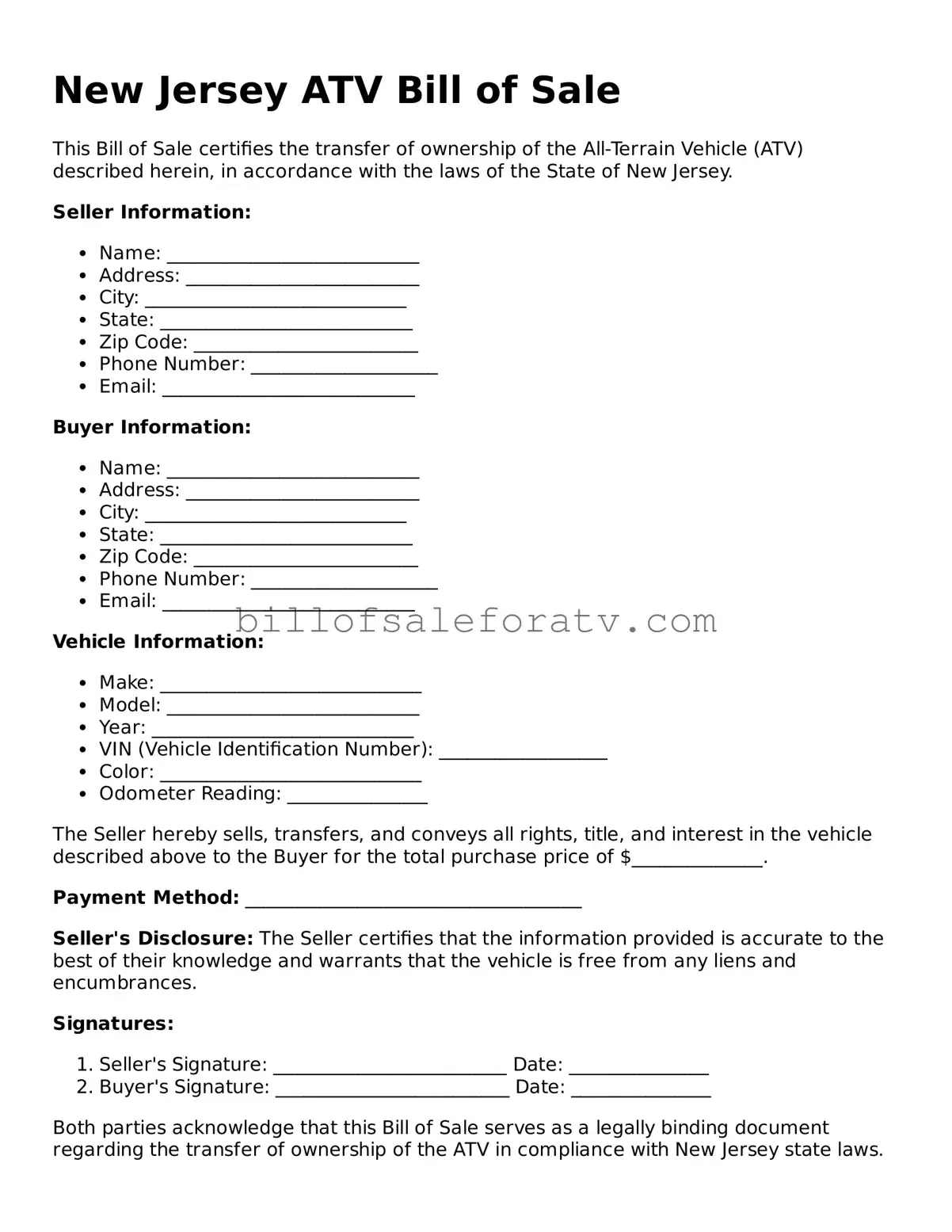 New Jersey ATV Bill of Sale Template