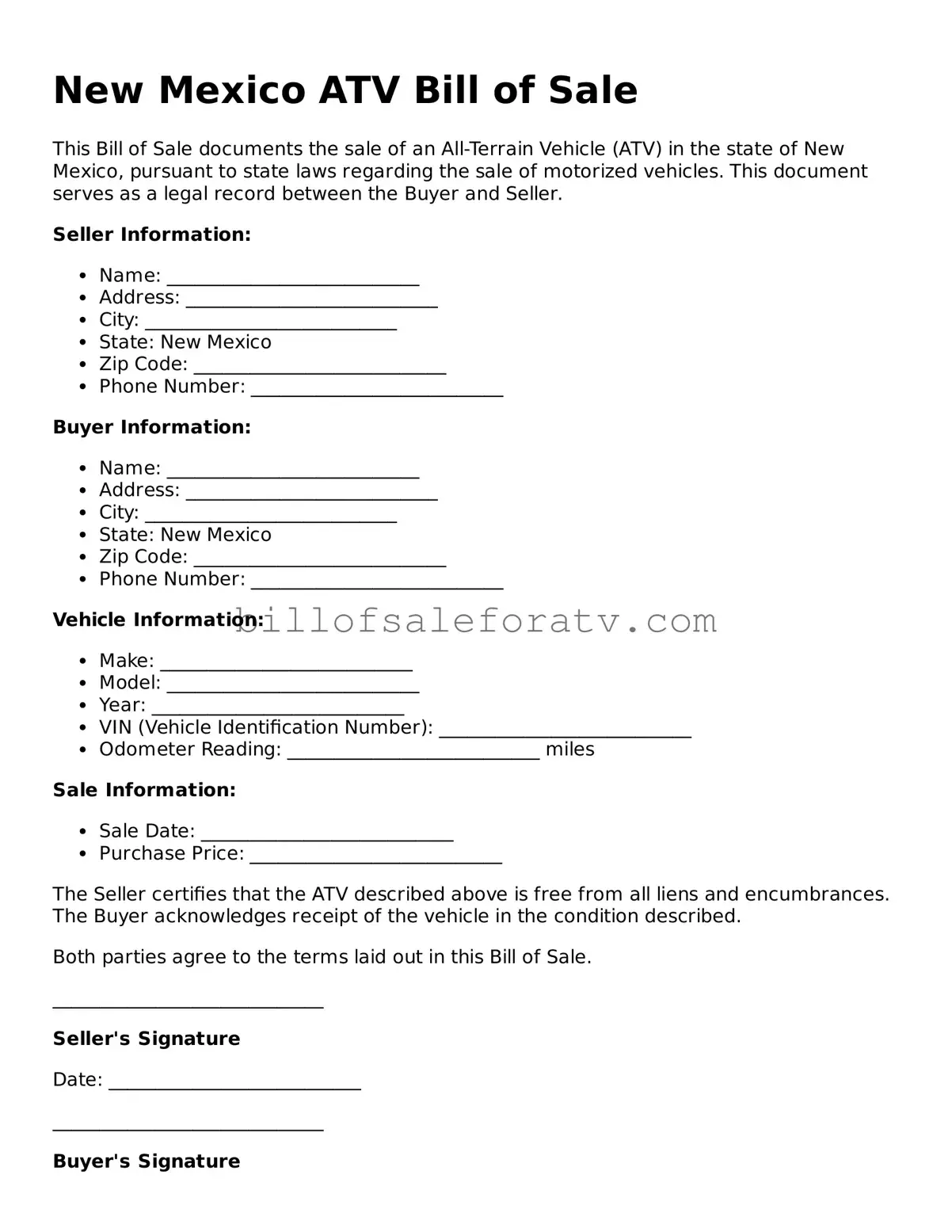 New Mexico ATV Bill of Sale Template