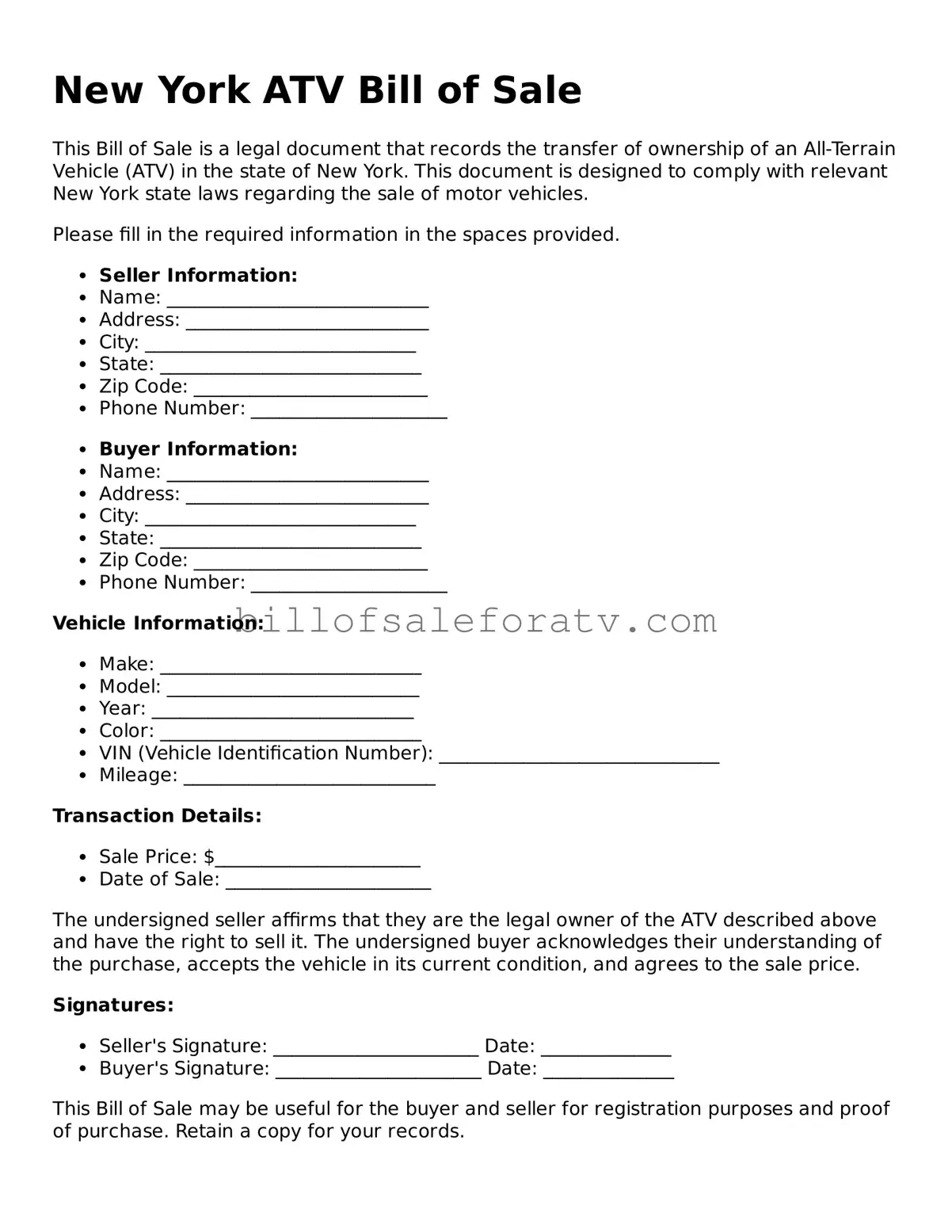 New York ATV Bill of Sale Template
