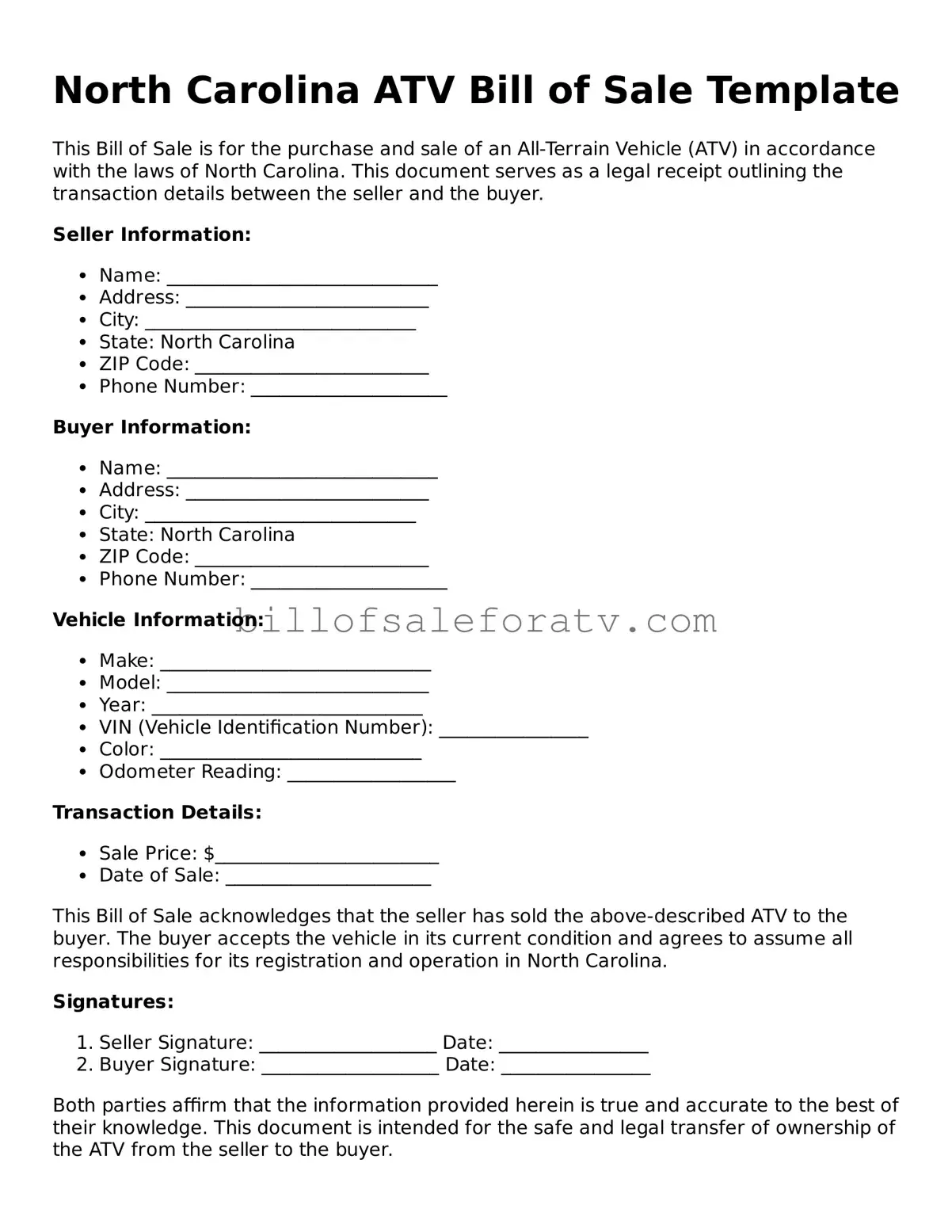 North Carolina ATV Bill of Sale Template