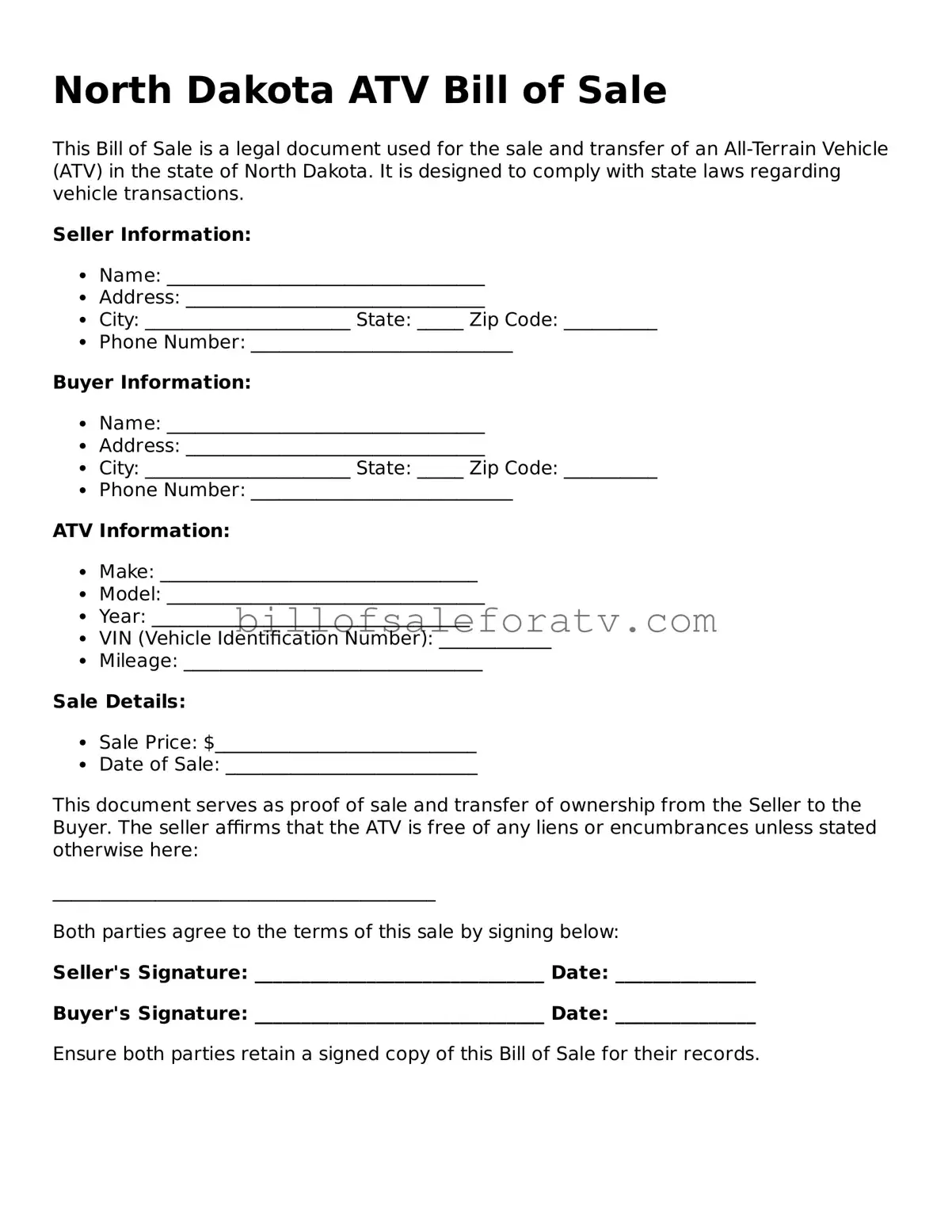 North Dakota ATV Bill of Sale Template