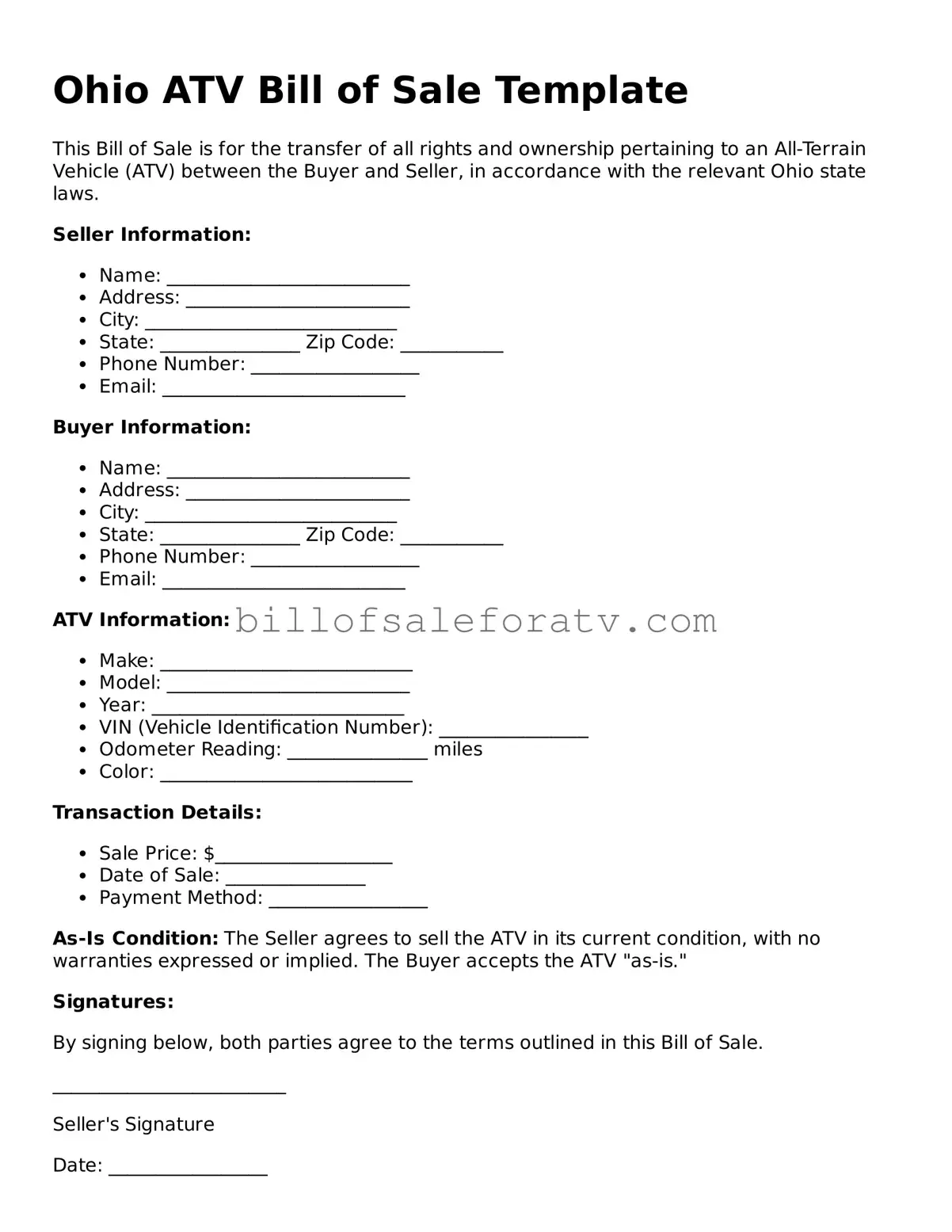 Ohio ATV Bill of Sale Template