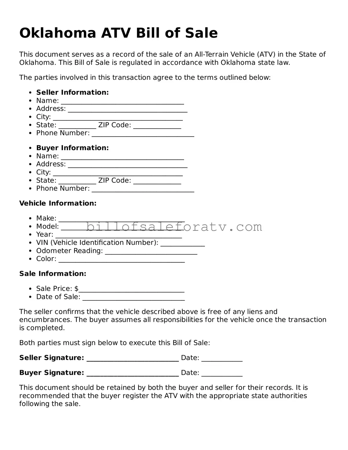 Oklahoma ATV Bill of Sale Template