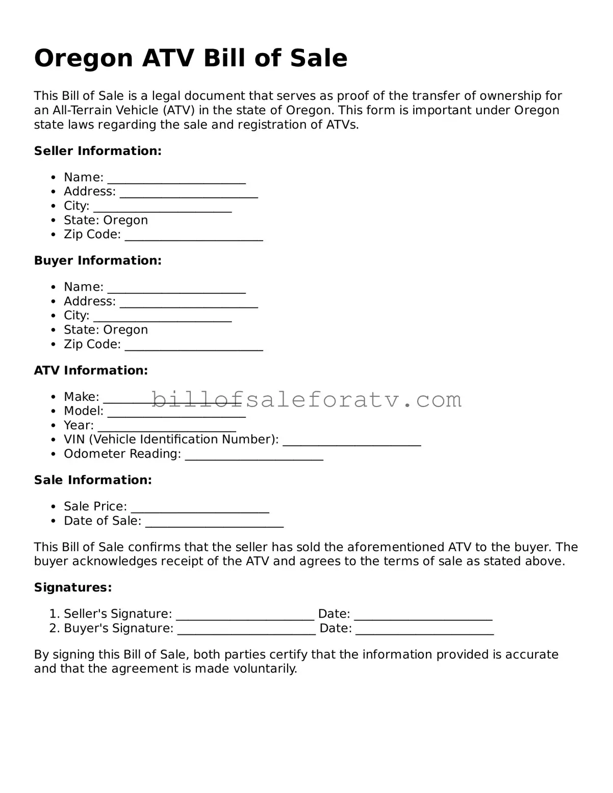 Oregon ATV Bill of Sale Template