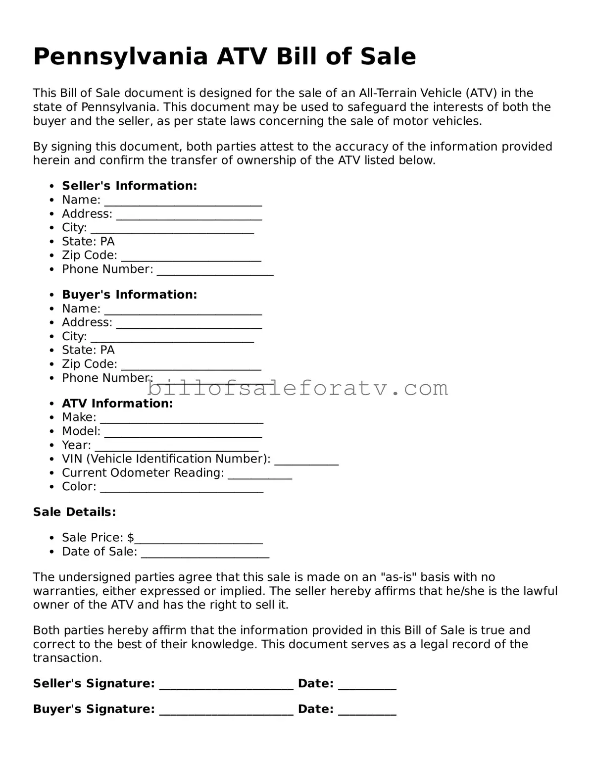 Pennsylvania ATV Bill of Sale Template