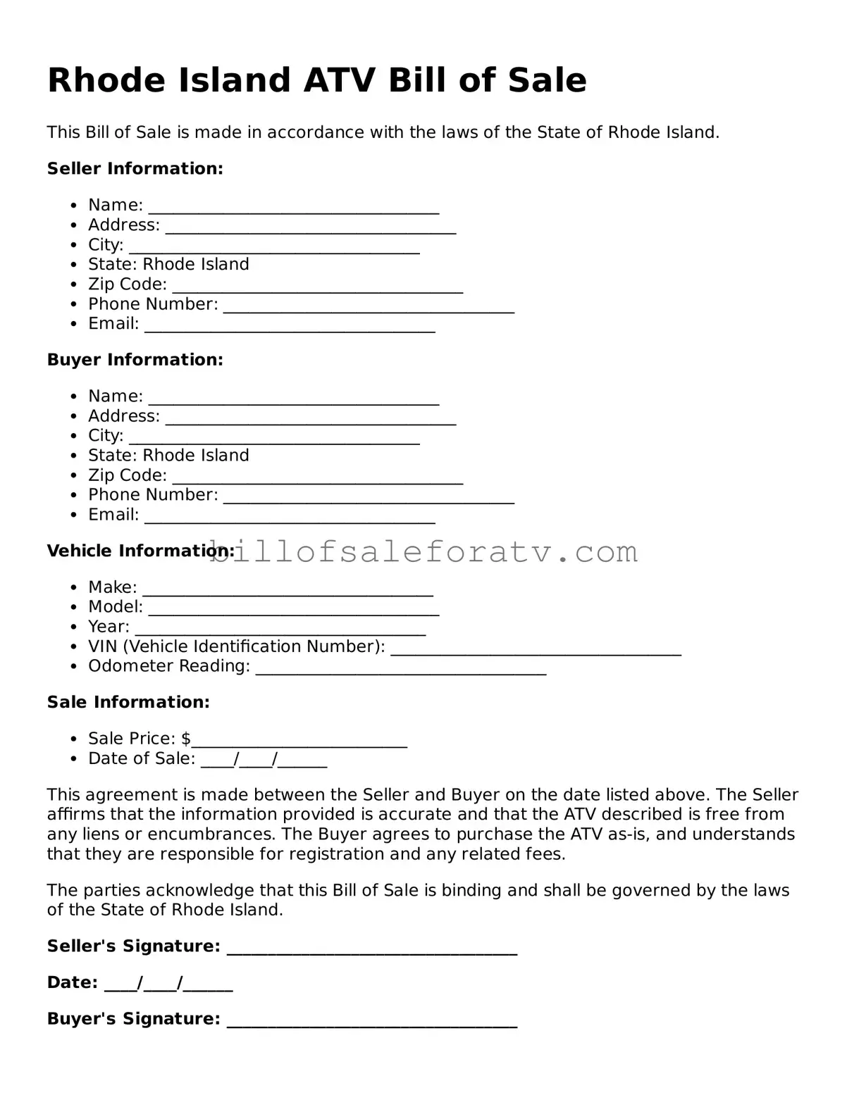 Rhode Island ATV Bill of Sale Template