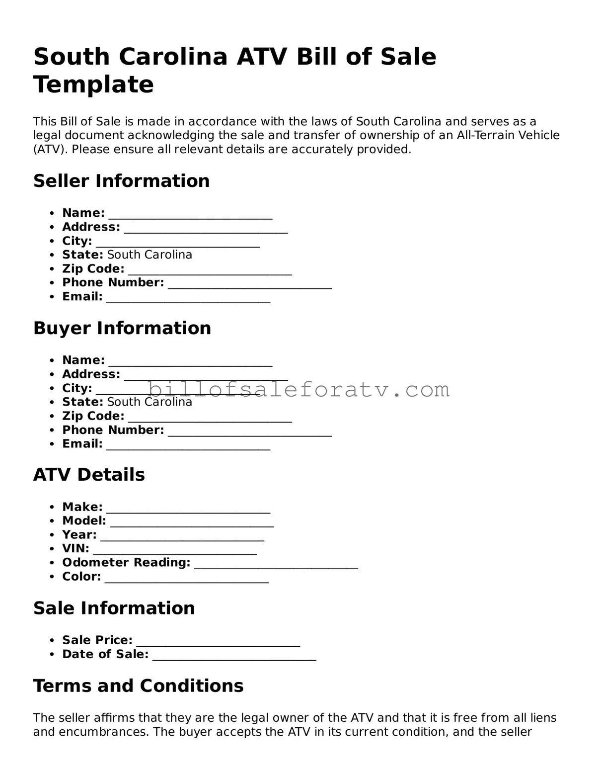 South Carolina ATV Bill of Sale Template