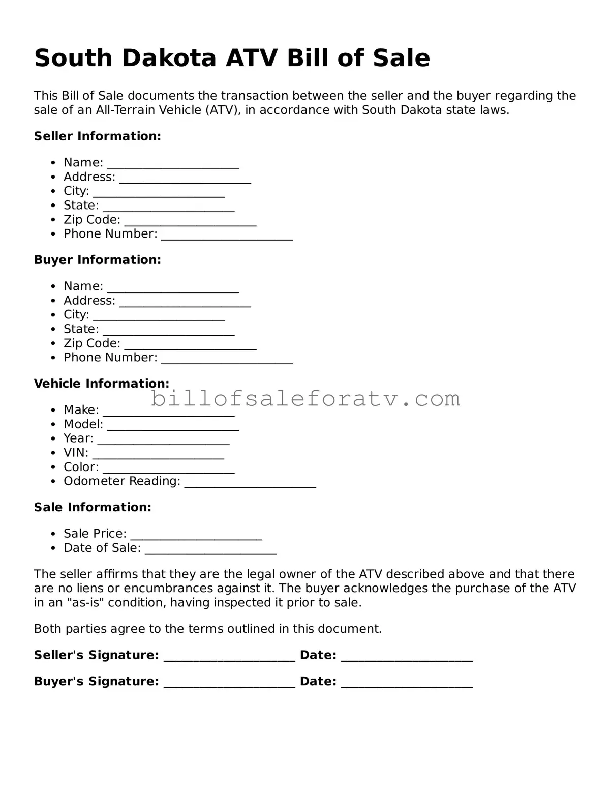 South Dakota ATV Bill of Sale Template