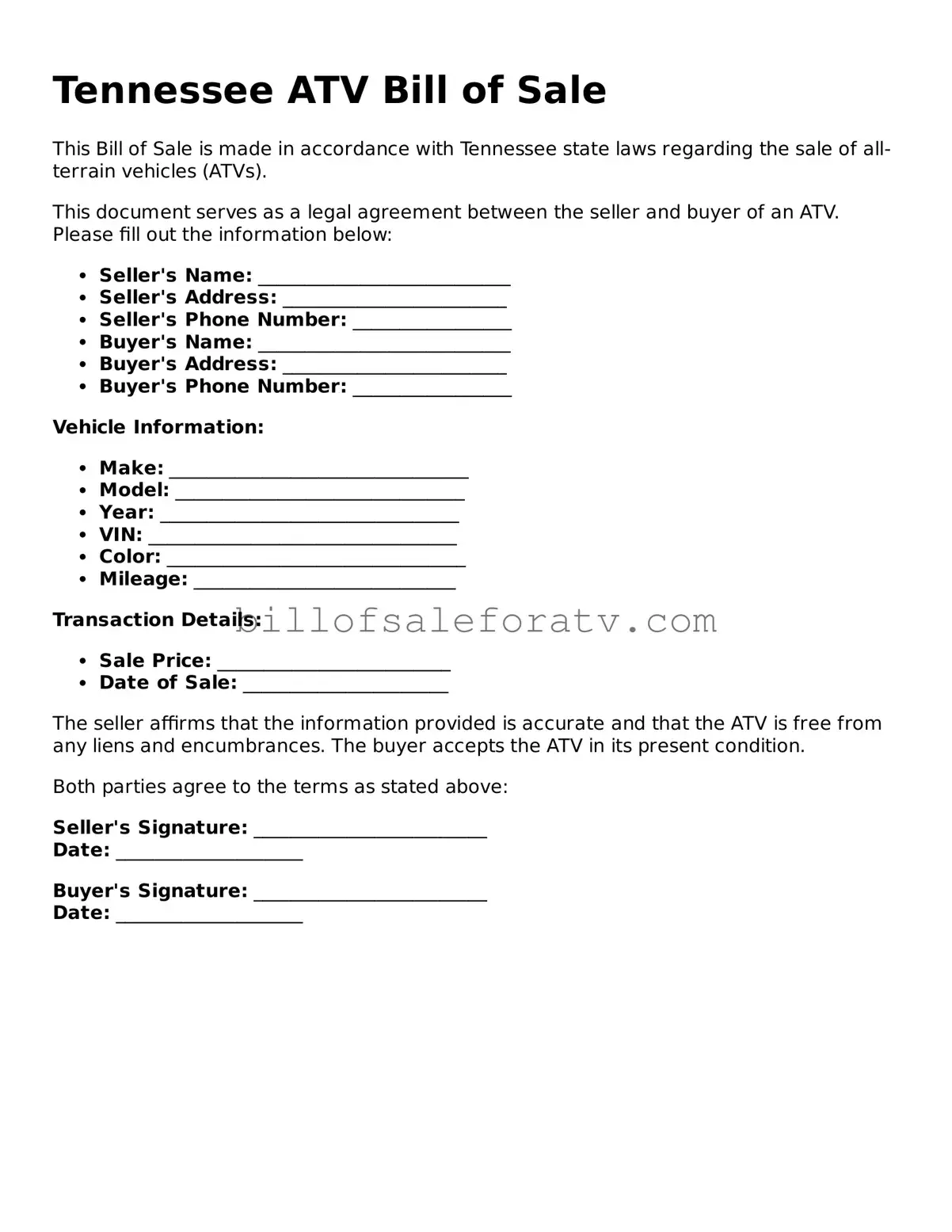 Tennessee ATV Bill of Sale Template