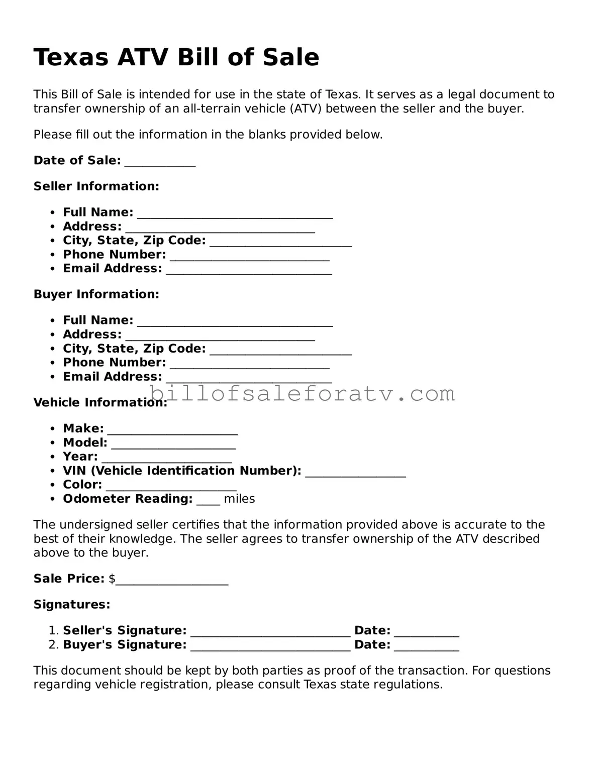 Texas ATV Bill of Sale Template