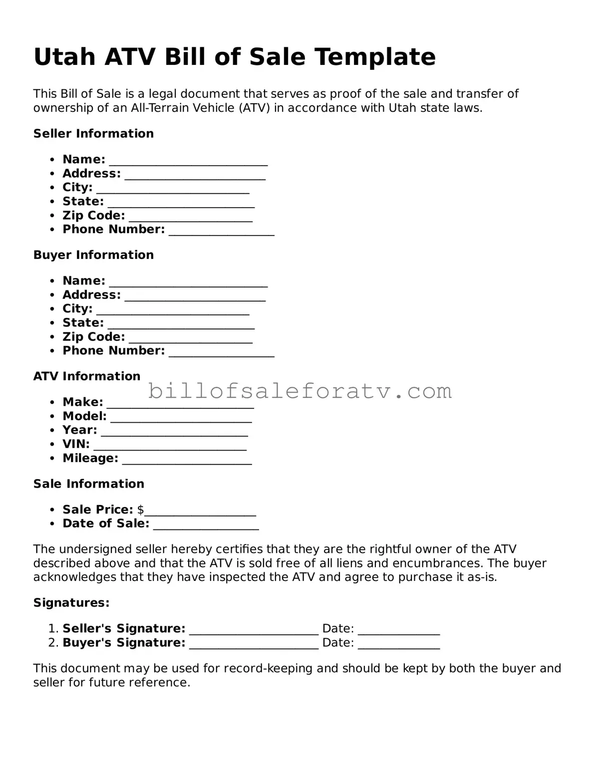 Utah ATV Bill of Sale Template