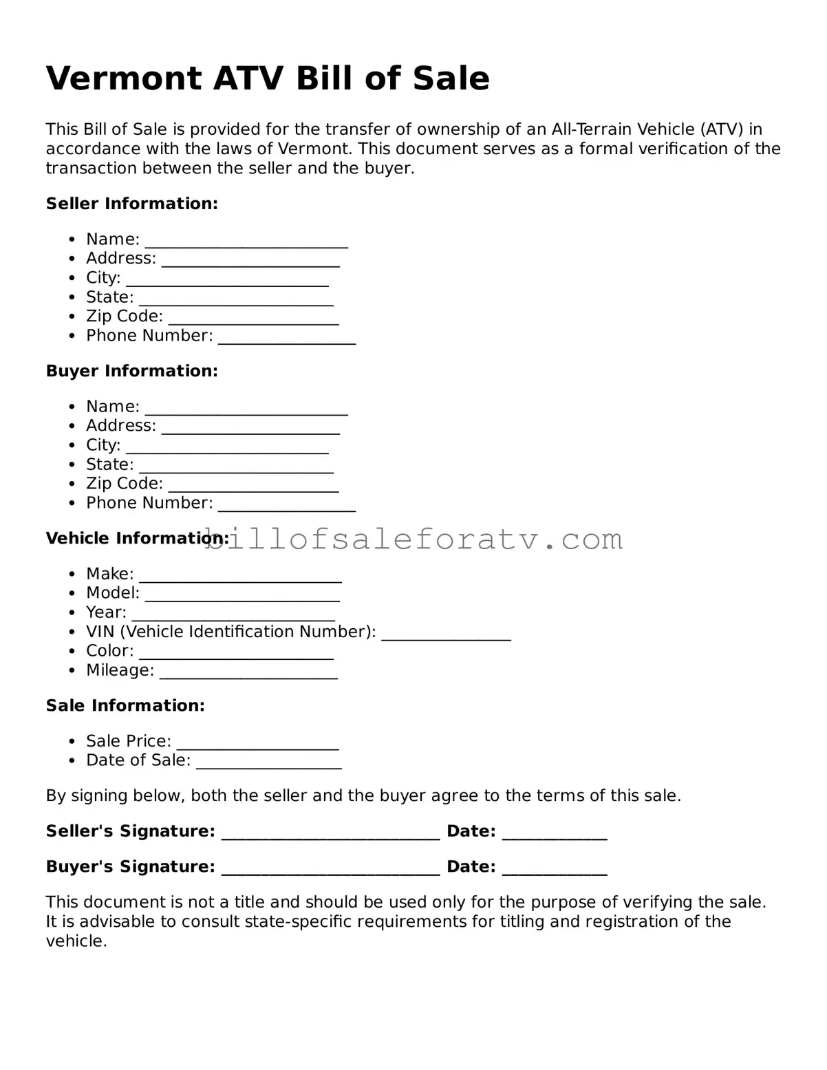 Vermont ATV Bill of Sale Template