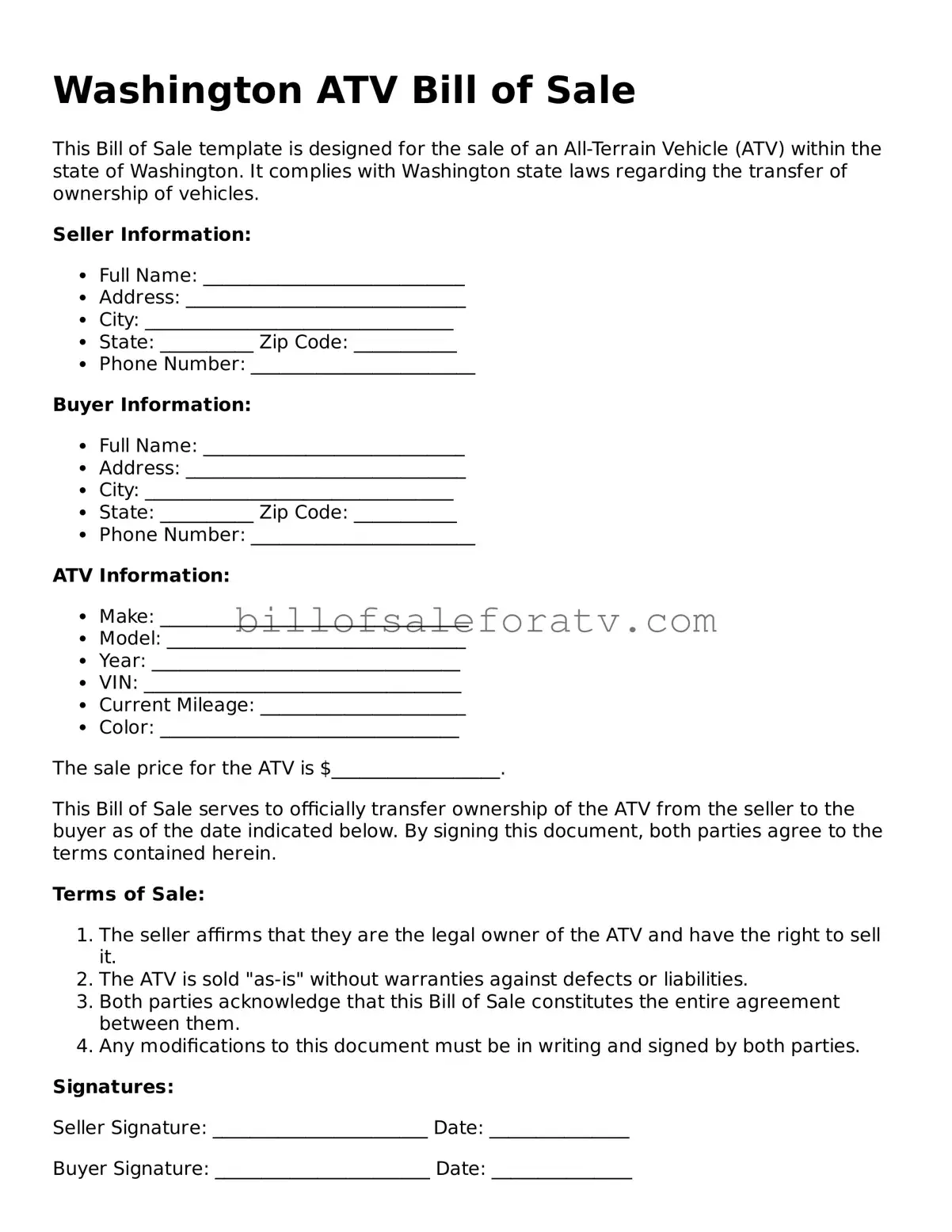 Washington ATV Bill of Sale Template