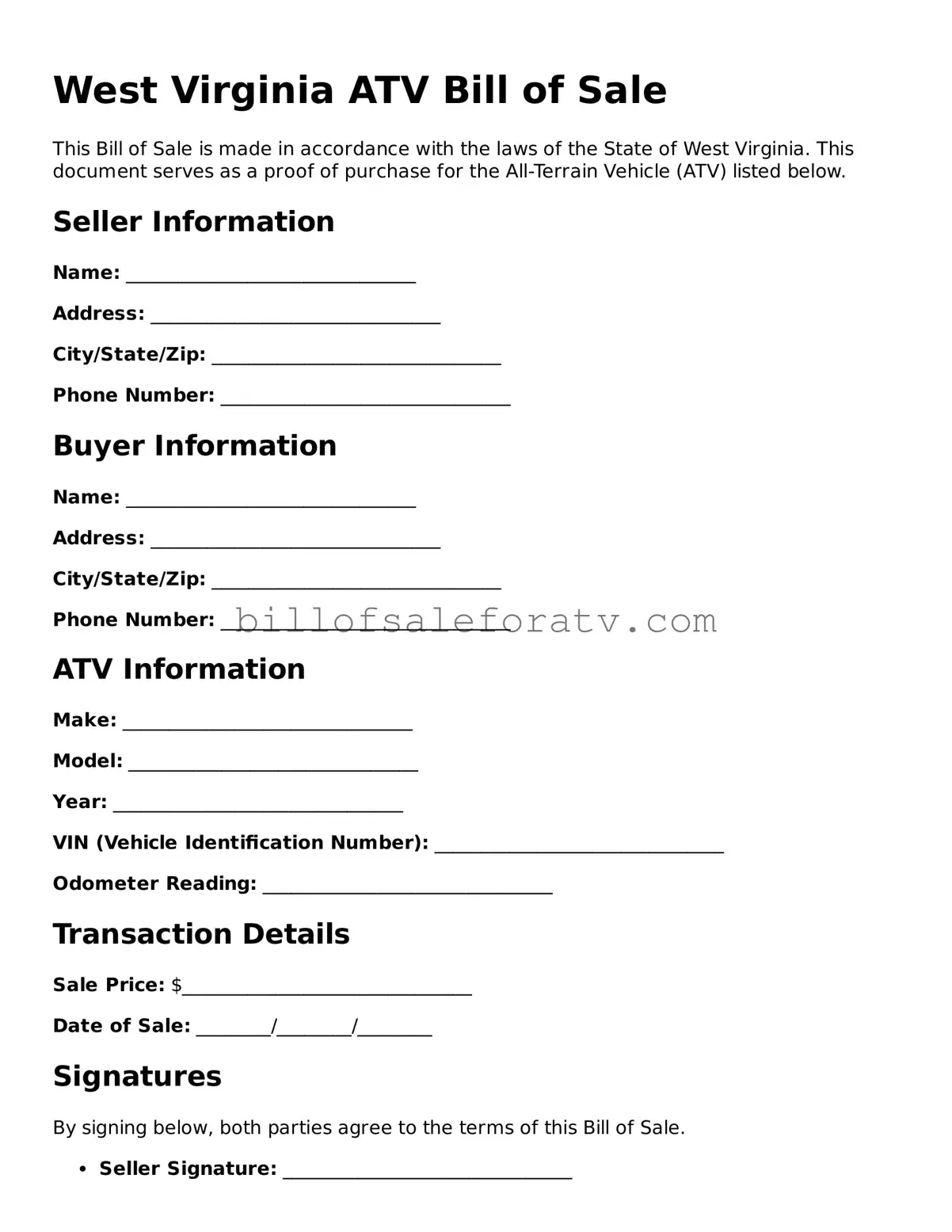 West Virginia ATV Bill of Sale Template