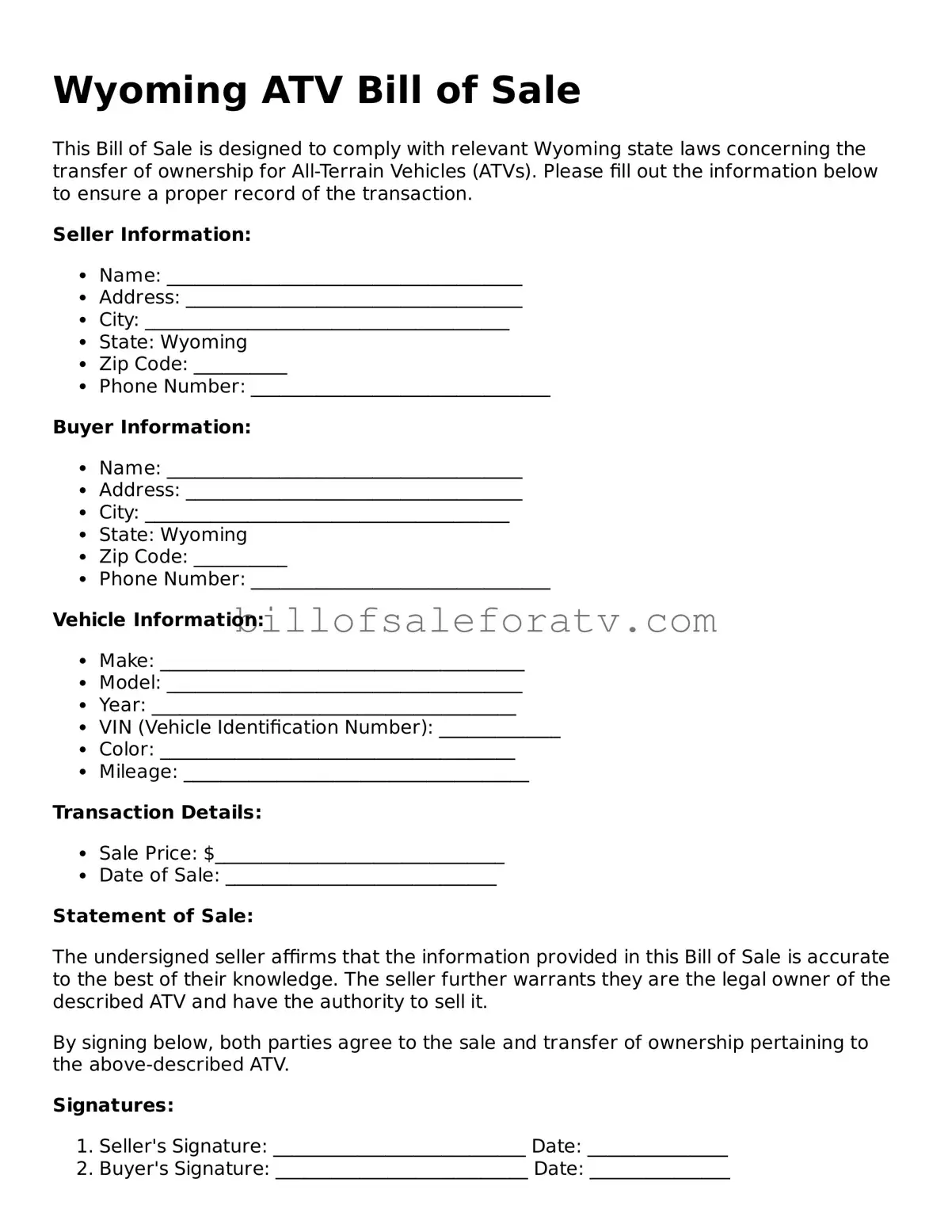 Wyoming ATV Bill of Sale Template